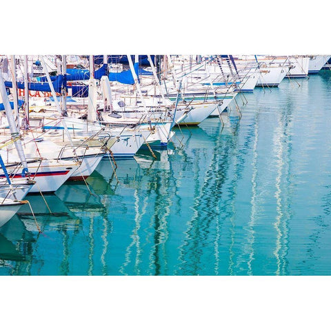 White sailboats in blue water Black Modern Wood Framed Art Print by Wilson, Emily