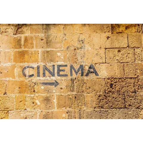 Italy-Basilicata-Province of Matera-Matera Sign on a wall pointing to a cinema-movie theater Black Modern Wood Framed Art Print by Wilson, Emily