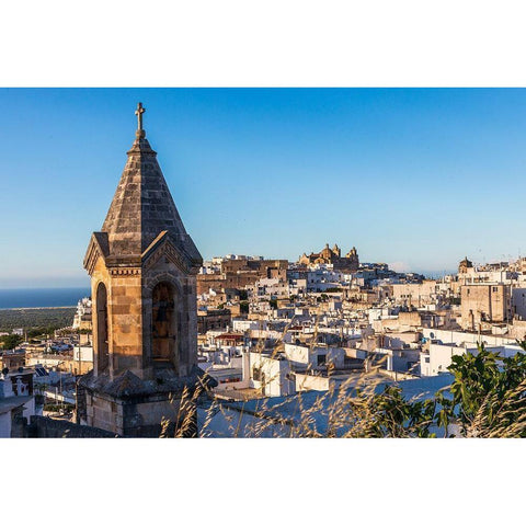 Italy-Apulia-Province of Brindisi-Ostuni View over the town with unidentified church bell tower Black Modern Wood Framed Art Print by Wilson, Emily