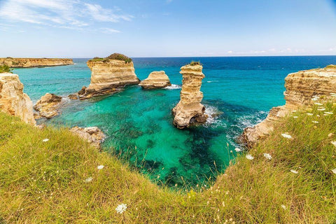 Italy-Apulia-Province of Lecce-Melendugno The Faraglioni of Torre SantAndrea White Modern Wood Framed Art Print with Double Matting by Wilson, Emily