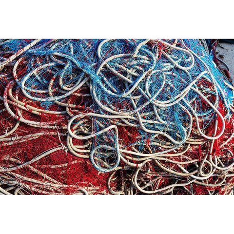 Italy-Apulia-Province of Lecce-Gallipoli Texture detail of fishing nets in red-white-and blue Gold Ornate Wood Framed Art Print with Double Matting by Wilson, Emily