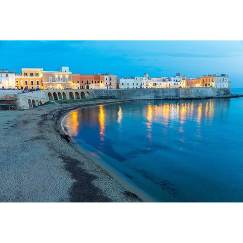 Italy-Apulia-Province of Lecce-Gallipoli Beach and old town section over the Ionian Sea at dusk Black Modern Wood Framed Art Print by Wilson, Emily