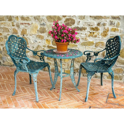 Italy-Chianti Table and chairs with a flowering begonia  Gold Ornate Wood Framed Art Print with Double Matting by Eggers, Julie