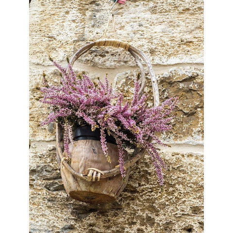 Italy-Chianti Basket of flowers hanging on a stone wall Black Modern Wood Framed Art Print by Eggers, Julie