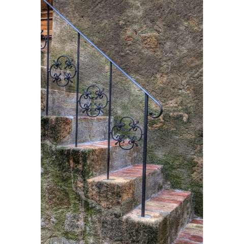 Italy-Tuscany-Pienza Steps with wrought iron railing leading to the entrance to a home in Pienza White Modern Wood Framed Art Print by Eggers, Julie