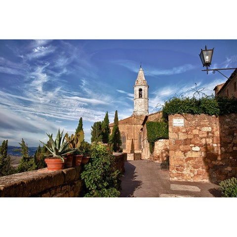 Italy-Tuscany-Pienza The bell tower of the Duomo Santa Maria Assunta Cathedral Black Modern Wood Framed Art Print by Eggers, Julie