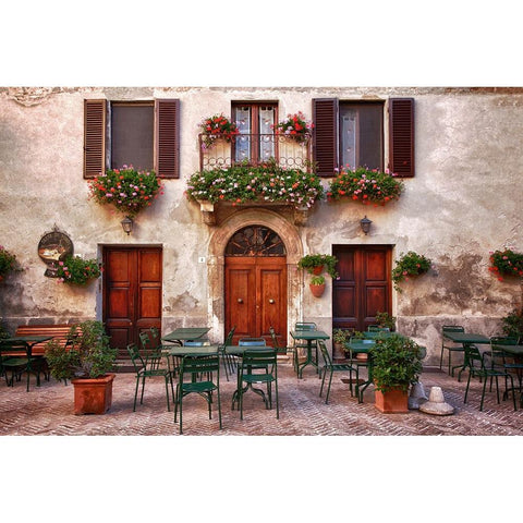 Italy-Tuscany-Pienza Tables and chairs set up outside for outdoor dining in the town of Pienza Black Modern Wood Framed Art Print by Eggers, Julie