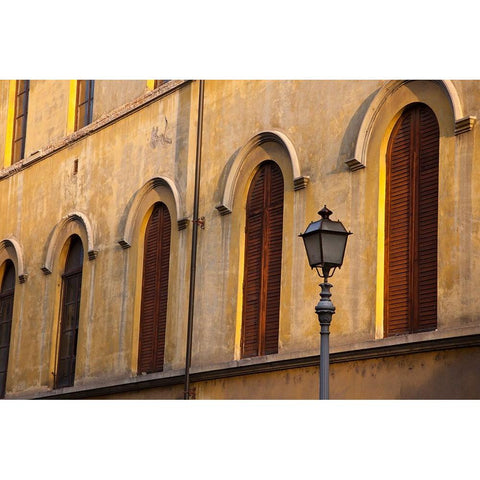 Italy-Tuscany-Lucca Street lamppost and arched windows with wooden shutters Black Modern Wood Framed Art Print by Eggers, Julie