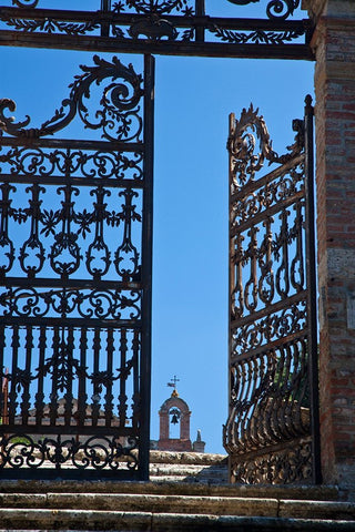 Italy-Tuscany-Montepulciano The wrought iron gate leading to the cemetery the Church of San Biaggio Black Ornate Wood Framed Art Print with Double Matting by Eggers, Julie