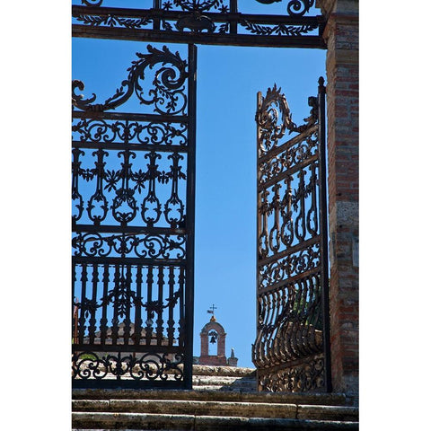 Italy-Tuscany-Montepulciano The wrought iron gate leading to the cemetery the Church of San Biaggio Black Modern Wood Framed Art Print by Eggers, Julie