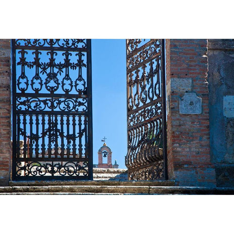 Italy-Tuscany-Montepulciano The wrought iron gate leading to cemetery near Church of San Biaggio Black Modern Wood Framed Art Print by Eggers, Julie