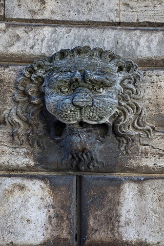 Italy-Tuscany-Montepulciano Carving of a lions head on a stone building Black Ornate Wood Framed Art Print with Double Matting by Eggers, Julie