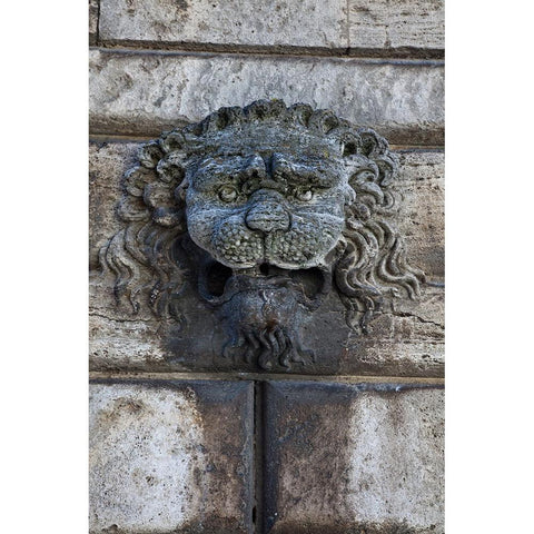 Italy-Tuscany-Montepulciano Carving of a lions head on a stone building Black Modern Wood Framed Art Print with Double Matting by Eggers, Julie
