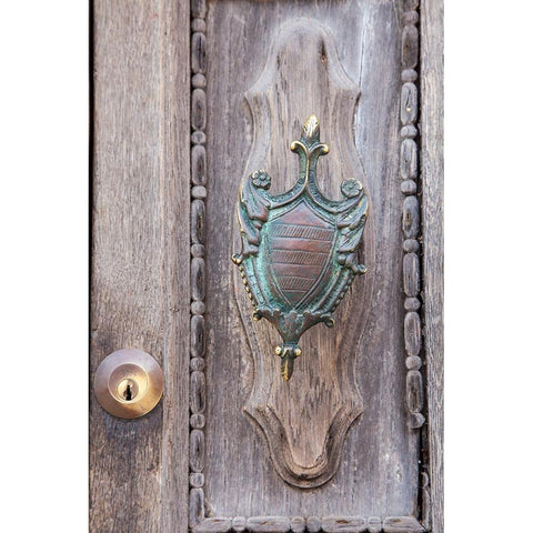 Italy-Venice-Burano Island Closeup of brass detail on an old wooden door on Burano Island Black Modern Wood Framed Art Print with Double Matting by Eggers, Julie