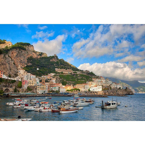 Italy-Amalfi Boats in the harbor and coastal town of Amalfi Gold Ornate Wood Framed Art Print with Double Matting by Eggers, Julie