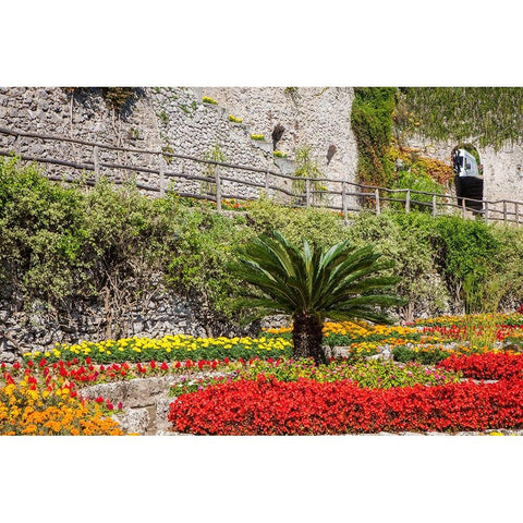 Italy-Campania-Ravello Flower garden of Villa Rufolo over looking the Amalfi Coast White Modern Wood Framed Art Print by Eggers, Julie