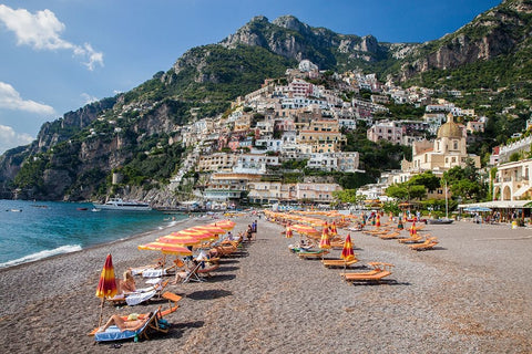 Italy-Positano Beautiful Beach of the Town of Positano with sunbathers White Modern Wood Framed Art Print with Double Matting by Eggers, Julie