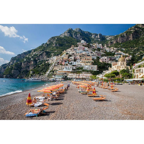Italy-Positano Beautiful Beach of the Town of Positano with sunbathers White Modern Wood Framed Art Print by Eggers, Julie