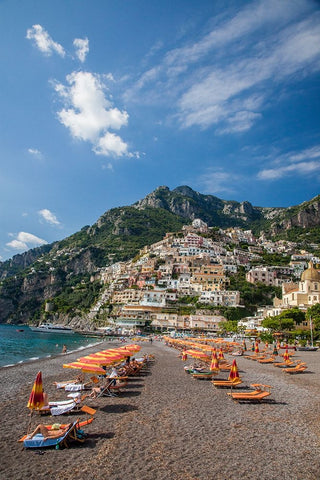 Italy-Positano Beautiful Beach of the Town of Positano with sunbathers Black Ornate Wood Framed Art Print with Double Matting by Eggers, Julie