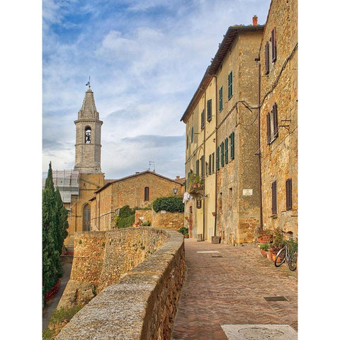 Italy-Tuscany-Pienza Walkway leading to the bell tower of the Pienza cathedral Black Modern Wood Framed Art Print by Eggers, Julie