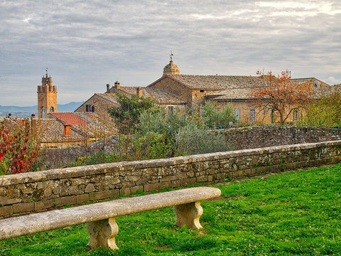 Italy-Tuscany-Province of Siena-Montalcino Stone bench overlooking the town of Montalcino Black Ornate Wood Framed Art Print with Double Matting by Eggers, Julie