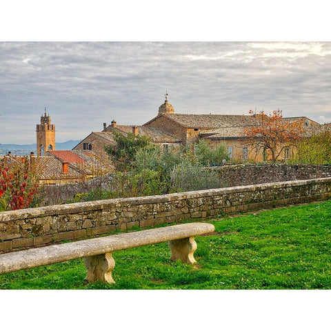 Italy-Tuscany-Province of Siena-Montalcino Stone bench overlooking the town of Montalcino Black Modern Wood Framed Art Print by Eggers, Julie
