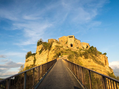 Italy-Tuscany-Civita di Bagnoregio Evening view of the bridge White Modern Wood Framed Art Print with Double Matting by Eggers, Julie