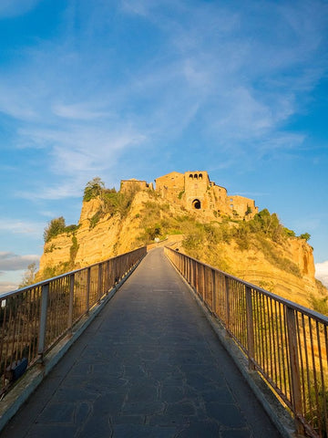 Italy-Tuscany-Civita di Bagnoregio Evening view of the bridge White Modern Wood Framed Art Print with Double Matting by Eggers, Julie