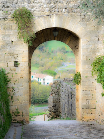 Italy-Chianti-Monteriggioni Looking out an arched entrance into the walled town Black Ornate Wood Framed Art Print with Double Matting by Eggers, Julie