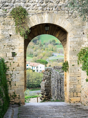 Italy-Chianti-Monteriggioni Looking out an arched entrance into the walled town Black Ornate Wood Framed Art Print with Double Matting by Eggers, Julie