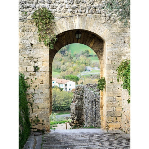 Italy-Chianti-Monteriggioni Looking out an arched entrance into the walled town White Modern Wood Framed Art Print by Eggers, Julie