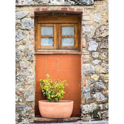 Italy-Chianti-Monteriggioni Wooden shutters on a window with planter below White Modern Wood Framed Art Print by Eggers, Julie