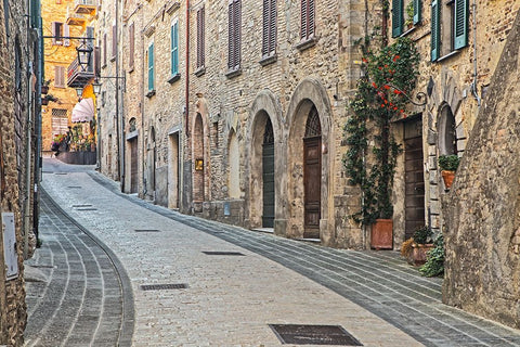 Italy- Umbria. Street leading up to the main square in the historic town of Montone. Black Ornate Wood Framed Art Print with Double Matting by Eggers, Julie