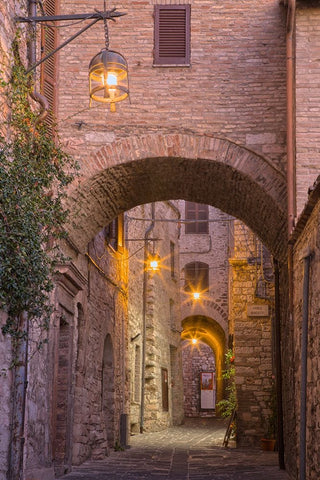 Italy- Umbria- Assisi. Alleyway with arches and lanterns in the evening. Black Ornate Wood Framed Art Print with Double Matting by Eggers, Julie