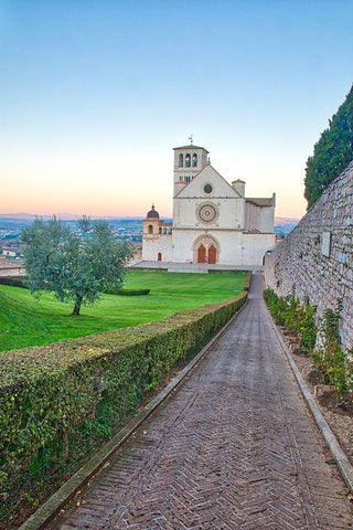 Italy- Umbria- Assisi. Walkway leading to the Basilica of San Francesco. White Modern Wood Framed Art Print with Double Matting by Eggers, Julie