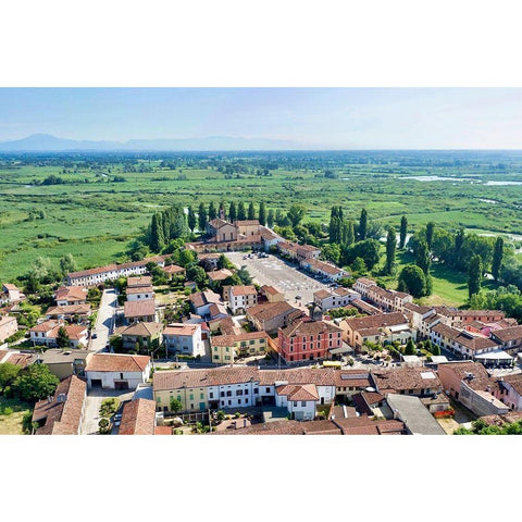 Italy-Mantova-Le Grazie village-Basilica and square-Mincio river valley in the background Black Modern Wood Framed Art Print by Molinari, Michele