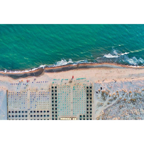 Italy-Tuscany-Torre del Lago Puccini-boathouse and neatly ordered beach chairs and umbrellas Black Modern Wood Framed Art Print by Molinari, Michele