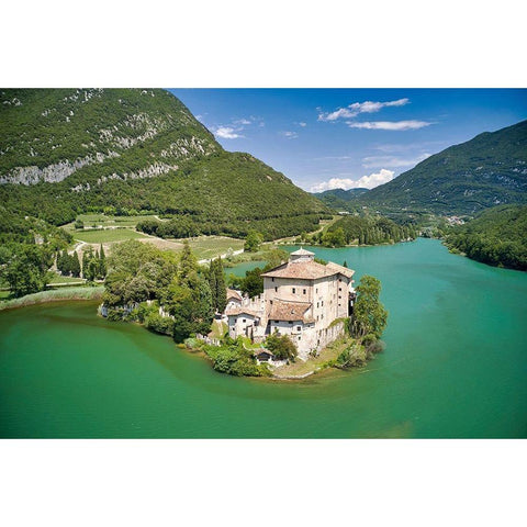 Italy-Trentino-castle and Toblino Lake Black Modern Wood Framed Art Print by Molinari, Michele