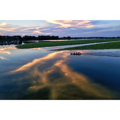 Italy-Mantova (Mantua) Sunset reflection and boat on lake Black Modern Wood Framed Art Print by Molinari, Michele
