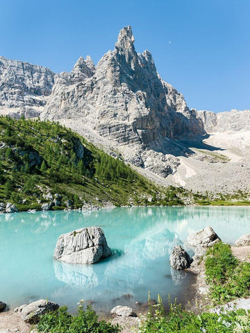 Ponta de Sorapis seen from Lago del Sorapis in the Dolomites of the Veneto  White Modern Wood Framed Art Print with Double Matting by Zwick, Martin