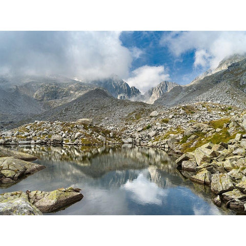 View towards Cima Presanella draped in clouds near Rifugio Segantini-Presanella mountain range-Parc White Modern Wood Framed Art Print by Zwick, Martin