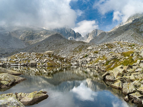 View towards Cima Presanella draped in clouds near Rifugio Segantini-Presanella mountain range-Parc Black Ornate Wood Framed Art Print with Double Matting by Zwick, Martin
