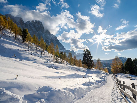 Geisler mountain range in the dolomites of the Villnoss Valley in South Tyrol-Alto Adige after an a White Modern Wood Framed Art Print with Double Matting by Zwick, Martin