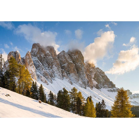 Geisler mountain range in the dolomites of the Villnoss Valley in South Tyrol-Alto Adige after an a Gold Ornate Wood Framed Art Print with Double Matting by Zwick, Martin