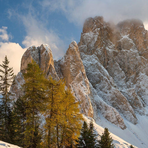 Geisler mountain range in the dolomites of the Villnoss Valley in South Tyrol-Alto Adige after an a White Modern Wood Framed Art Print by Zwick, Martin