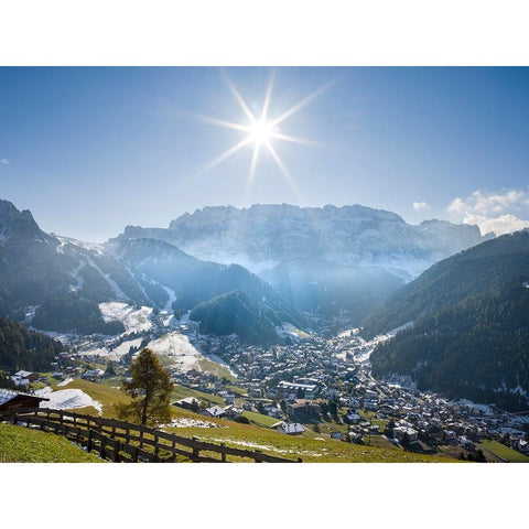 Sella mountain range and village Wolkenstein-Selva in the dolomites of South Tyrol-Alto Adige seen  Black Modern Wood Framed Art Print by Zwick, Martin