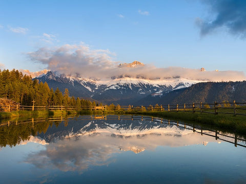 Rosengarten-Catinaccio mountain range in the dolomites of South Tyrol-Alto Adige-are reflected in a Black Ornate Wood Framed Art Print with Double Matting by Zwick, Martin
