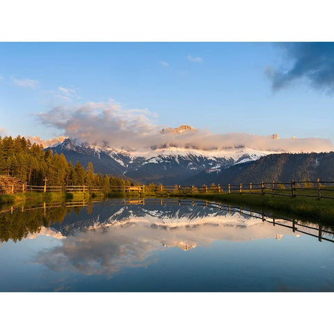 Rosengarten-Catinaccio mountain range in the dolomites of South Tyrol-Alto Adige-are reflected in a White Modern Wood Framed Art Print by Zwick, Martin