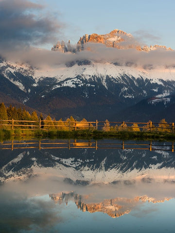 Rosengarten-Catinaccio mountain range in the dolomites of South Tyrol-Alto Adige-are reflected in a White Modern Wood Framed Art Print with Double Matting by Zwick, Martin
