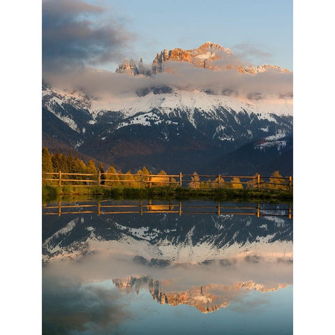 Rosengarten-Catinaccio mountain range in the dolomites of South Tyrol-Alto Adige-are reflected in a Black Modern Wood Framed Art Print by Zwick, Martin